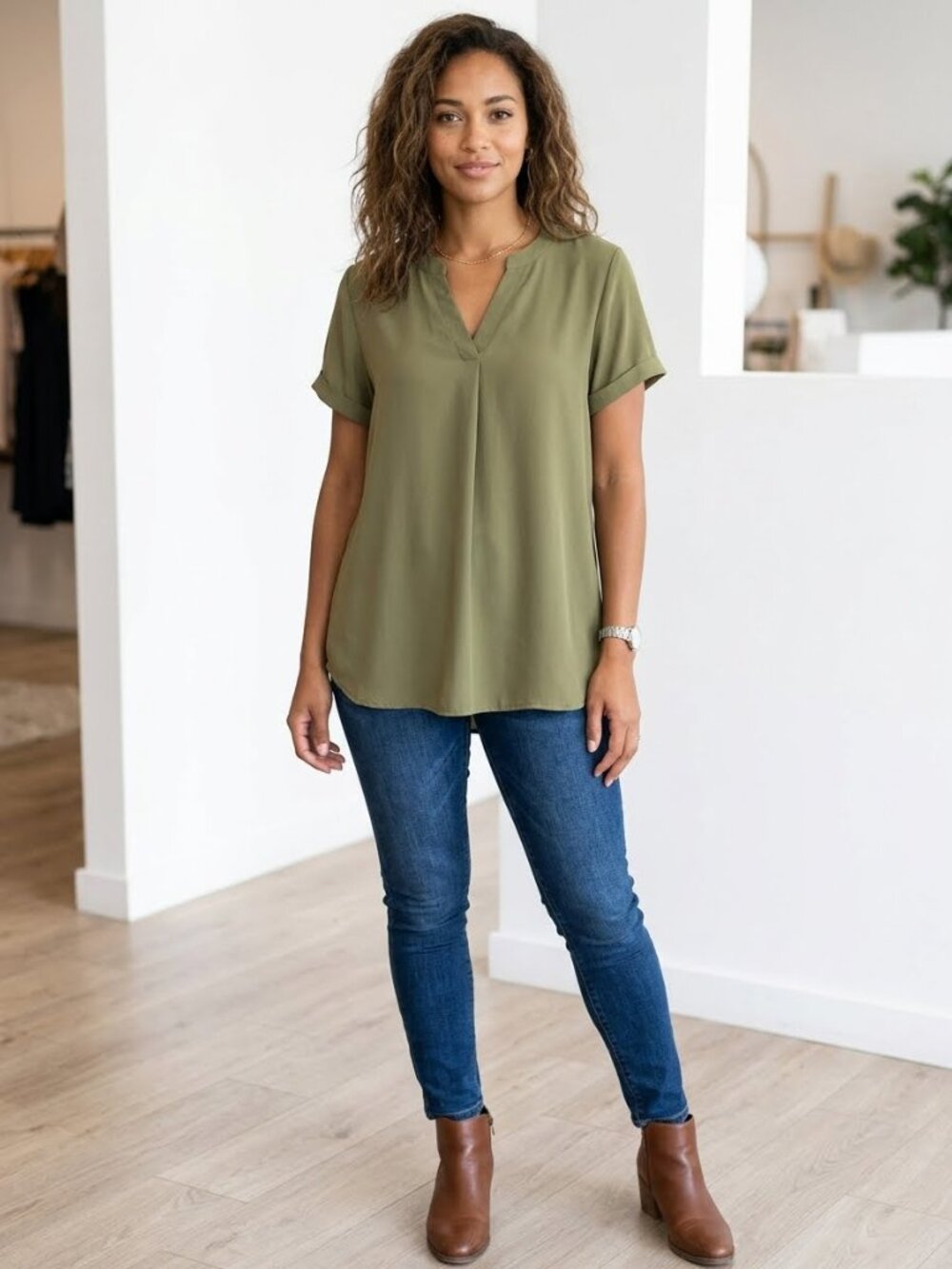 Timeson Olive Green Short Sleeve Chiffon Tunic Blouse XL